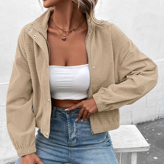 Damen Kurz geschnittene Waffelstruktur-Jacke mit Stehkragen und Reißverschluss Shop Nory