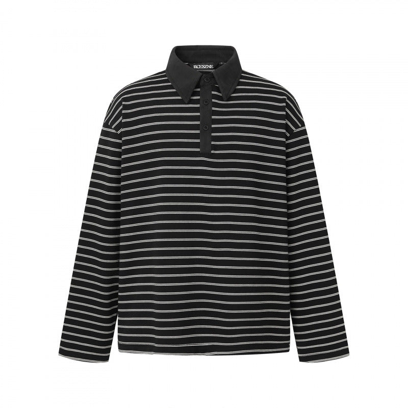 Unisex Langarm-Poloshirt im Oversize-Cut aus Baumwolljersey mit Streifen und Henley-Knopfleiste Shop Nory