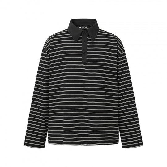 Unisex Langarm-Poloshirt im Oversize-Cut aus Baumwolljersey mit Streifen und Henley-Knopfleiste Shop Nory