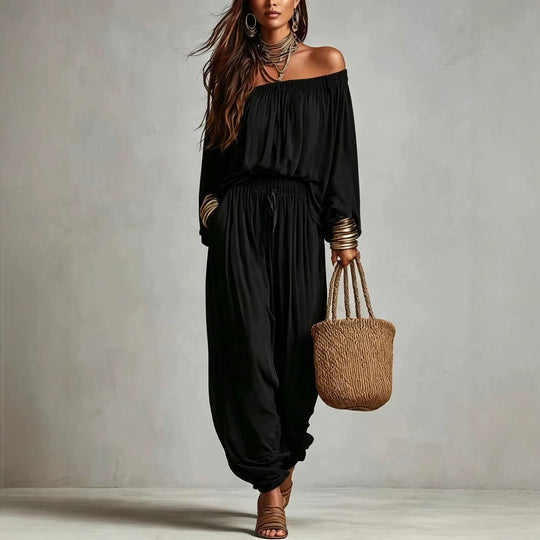 Damen Off-Shoulder Jumpsuit mit elastischem Taillenbund und weitem Plissee-Hosenbein Shop Nory
