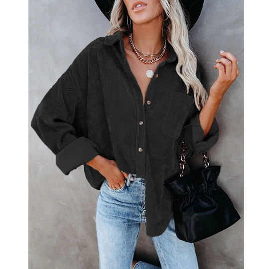 Damen Oversize Cordhemdjacke mit Brusttasche und durchgehender Knopfleiste Shop Nory