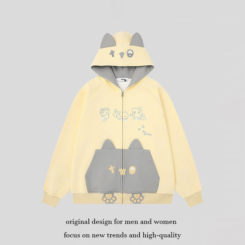 Damen Kapuzen-Sweatjacke mit Ohren, durchgehendem Reißverschluss, Kängurutasche mit Pfoten‑Applikation und verspielten Stickereien Shop Nory