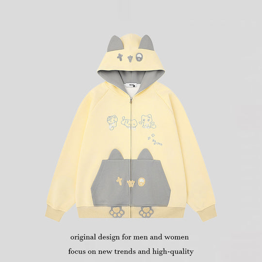 Damen Kapuzen-Sweatjacke mit Ohren, durchgehendem Reißverschluss, Kängurutasche mit Pfoten‑Applikation und verspielten Stickereien Shop Nory