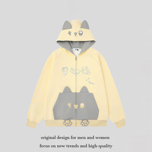 Damen Kapuzen-Sweatjacke mit Ohren, durchgehendem Reißverschluss, Kängurutasche mit Pfoten‑Applikation und verspielten Stickereien Shop Nory