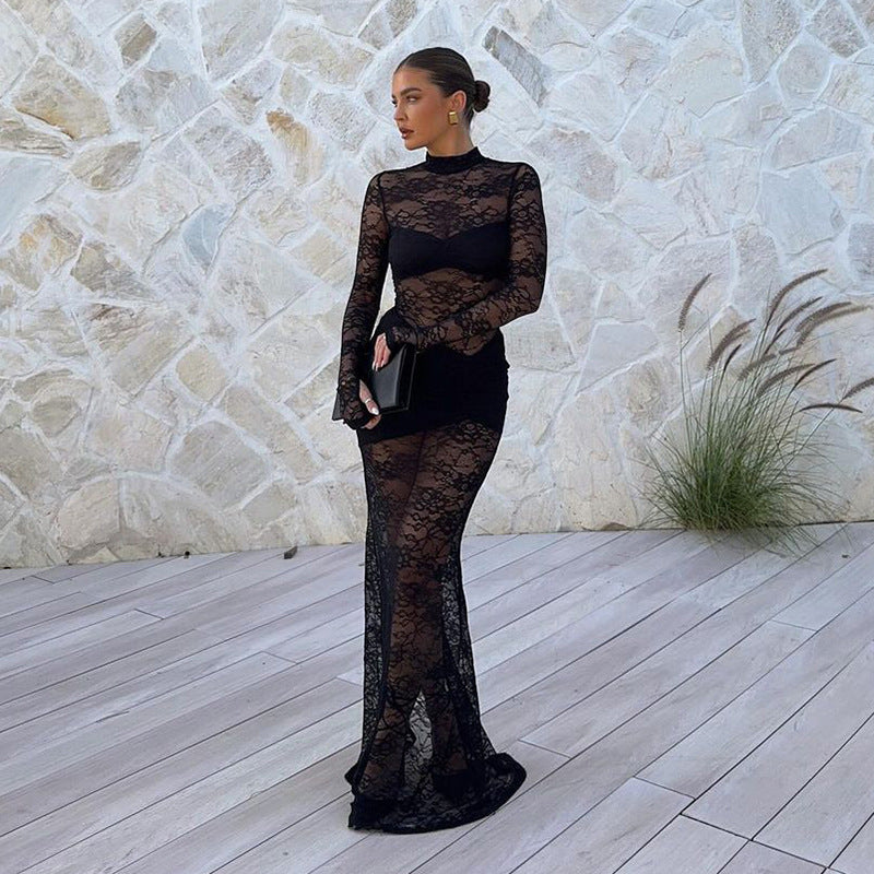 Damen Spitzenmaxikleid mit transparentem Langarmdesign und figurformendem Schnitt