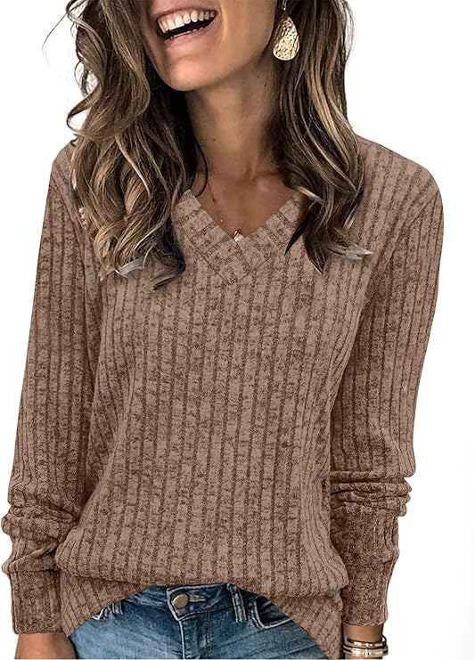 Damen Gerippter V‑Ausschnitt Feinstrickpullover mit lässiger Oversize-Passform Shop Nory