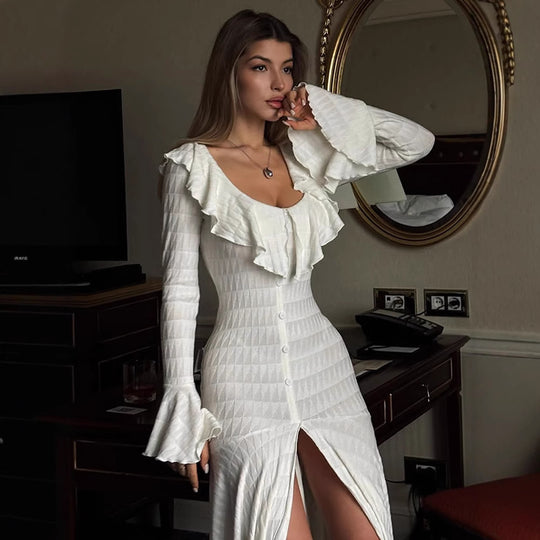 Damen Figurbetontes Maxikleid mit Volant‑Ausschnitt, Glockenärmeln und Schlitz Shop Nory