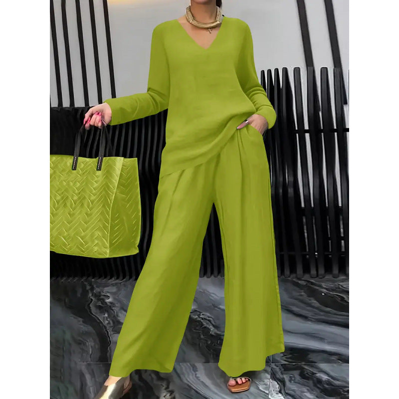 Damen Feiner V-Ausschnitt Strickpullover mit fließender Palazzo-Hose Shop Nory