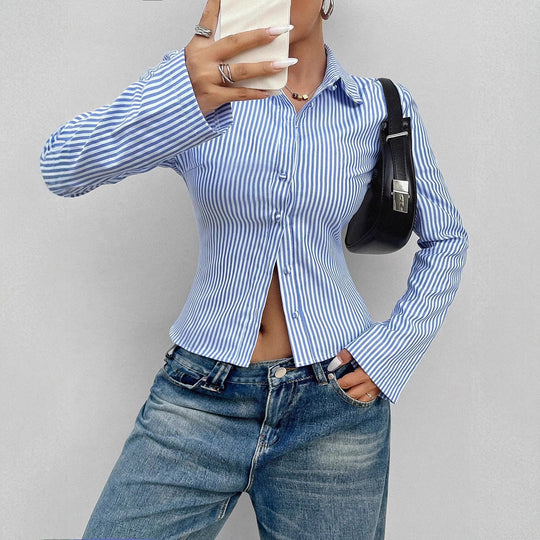 Damen Tailliertes Gestreiftes Blusenshirt mit Kentkragen Shop Nory