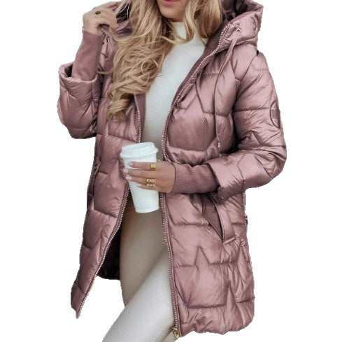 Damen Lang geschnittener Steppmantel mit Kapuze und seitlichen Reißverschlüssen Shop Nory
