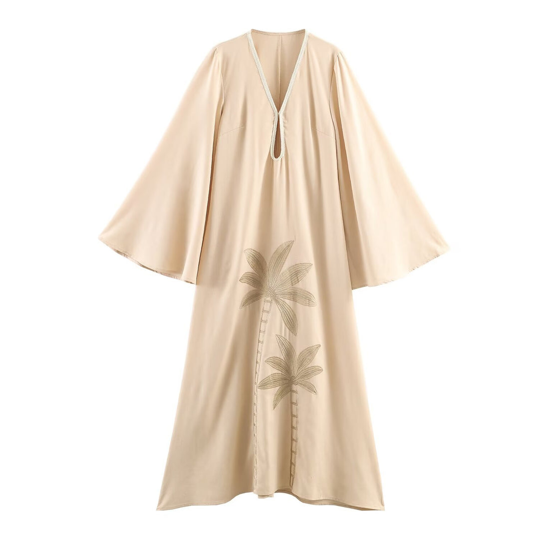 Damen Maxikleid-Kaftan mit Trompetenärmeln und Palmenstickerei Shop Nory