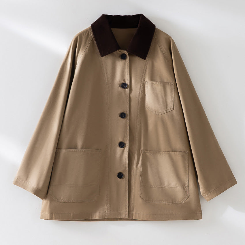 Damen Oversized Baumwoll-Utility-Jacke mit Kontrastkragen und aufgesetzten Taschen Shop Nory