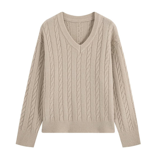 Damen Oversize Zopfmuster-Pullover mit V-Ausschnitt und breitem Rippbündchen Shop Nory
