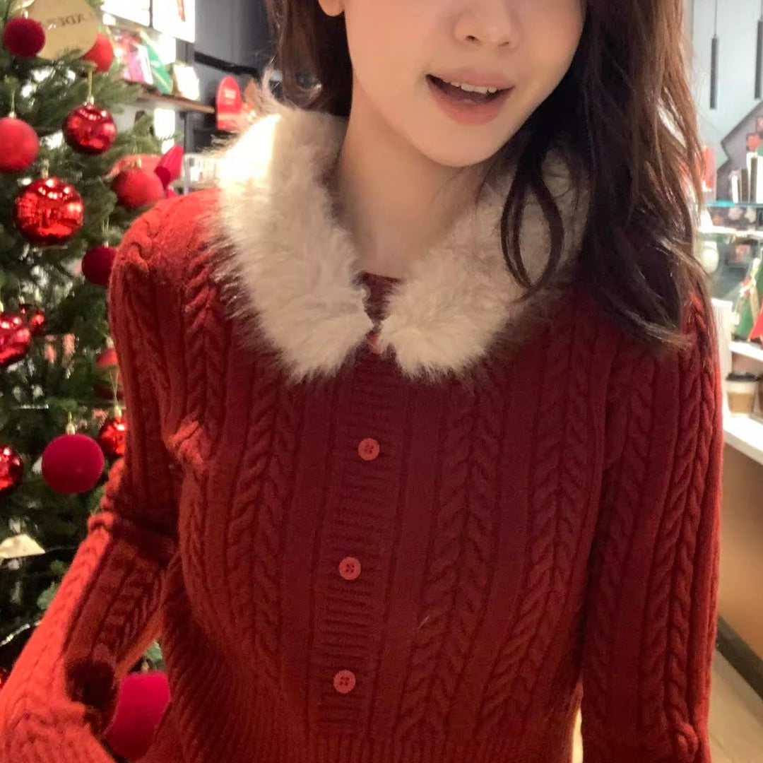 Damen Eleganter Strickpullover mit Kunstfellkragen Shop Nory