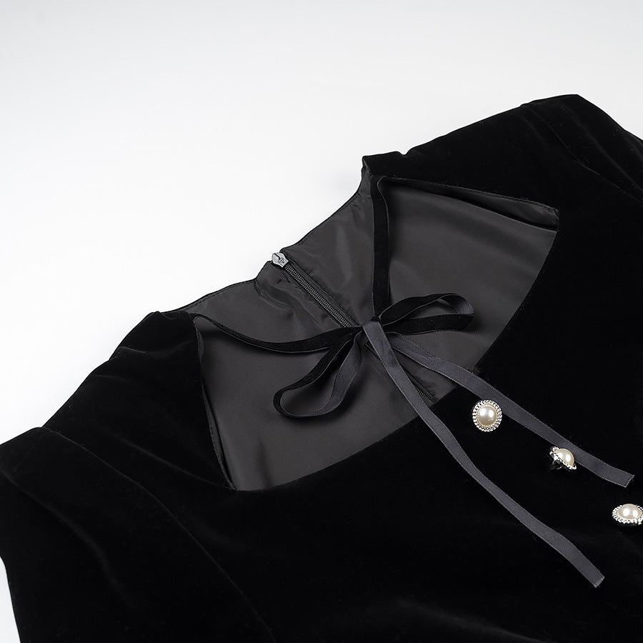 Damen Samtkleid mit tailliertem Mieder, Puffärmeln und mehrlagigem Volantrock Shop Nory