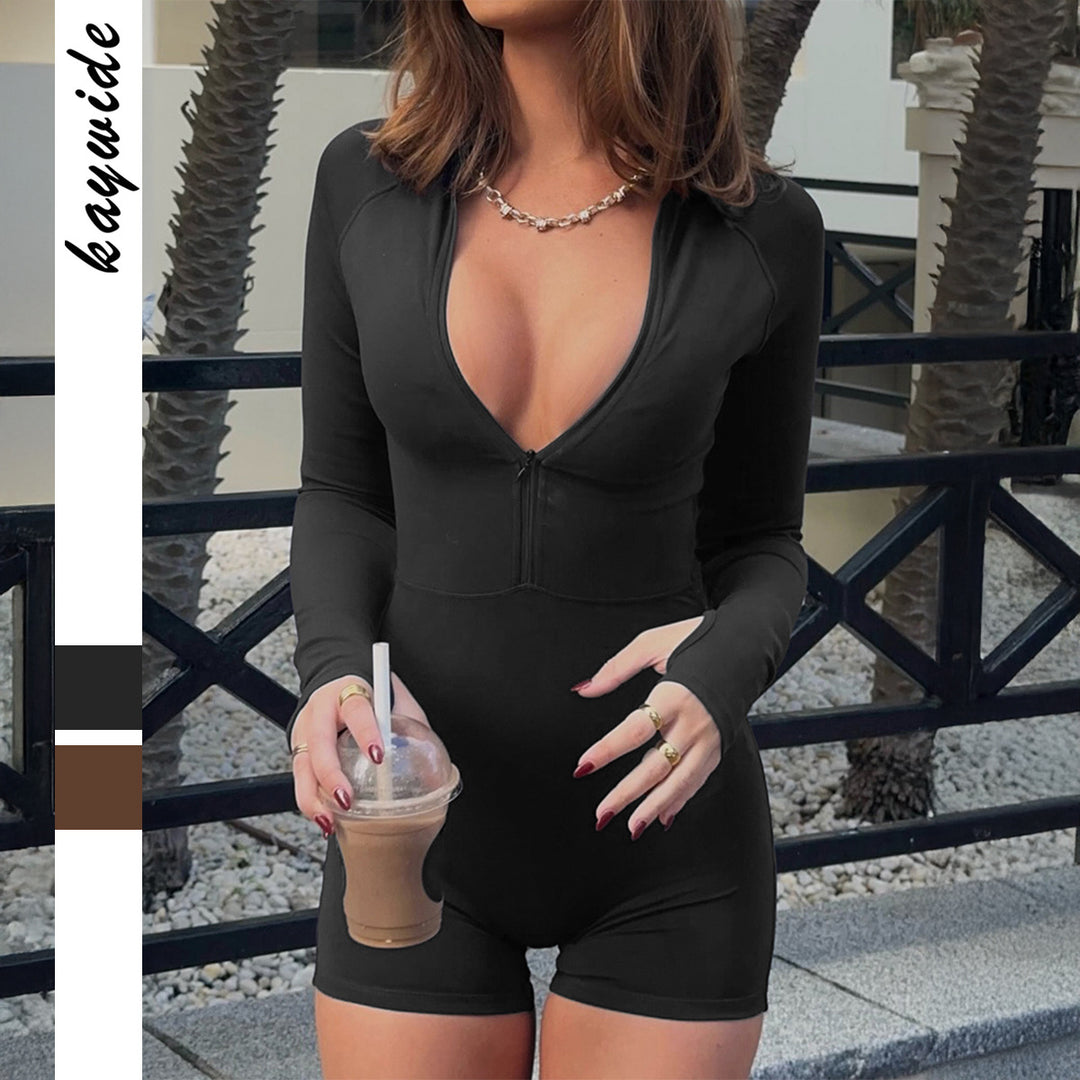 Damen nan figurbetonter Zip-Body mit tiefem V-Ausschnitt, Raglanärmeln, Daumenloch und High-Waist-Shortschnitt Shop Nory