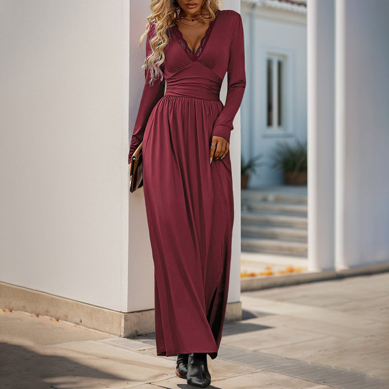 Damen Elegantes Maxikleid mit tiefem V-Ausschnitt und Rüschendetails Shop Nory
