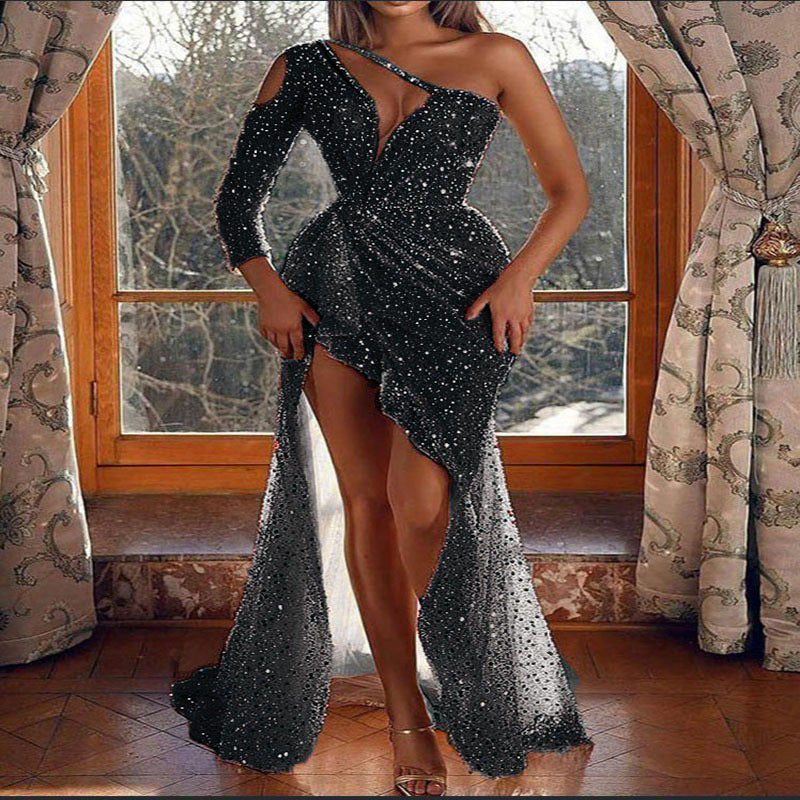Puff Kurzarm Tailliertes Pailletten Midi Partykleid