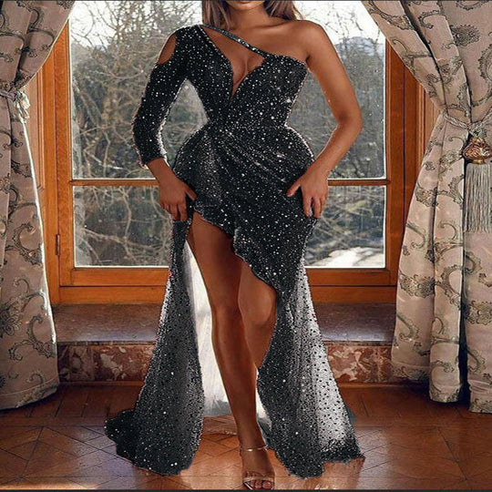 Puff Kurzarm Tailliertes Pailletten Midi Partykleid