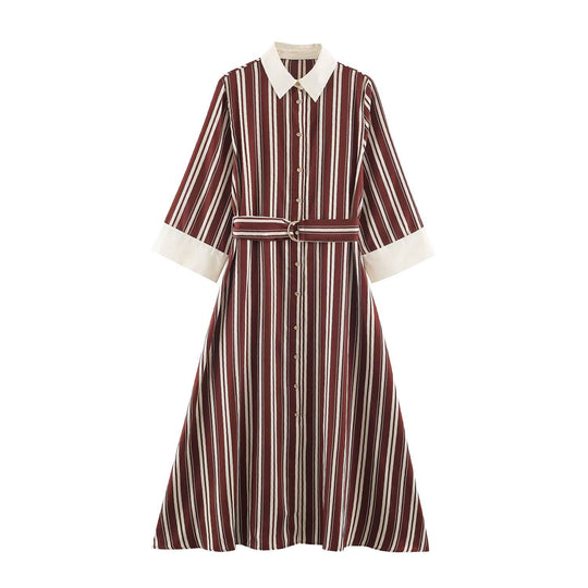 Damen Gestreiftes Hemdblusenkleid mit Kontrastkragen, Dreiviertelärmeln und Taillengürtel Shop Nory