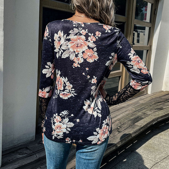 Damen Henley-Top mit Rosenprint, Spitzenmanschetten und Zierknopfleiste Shop Nory