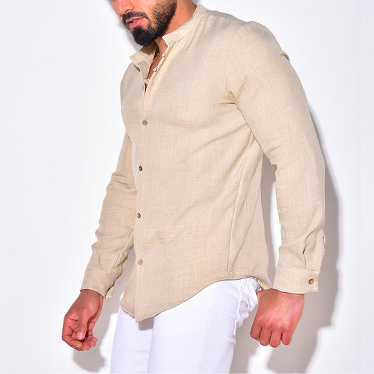Herren Leichtes Leinenhemd mit Stehkragen, Knopfleiste und Ärmelaufrollfunktion Shop Nory