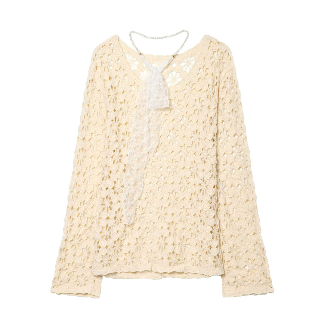 Damen gehäkelter Floralpullover mit Rundhalsausschnitt und Ajourmuster Shop Nory