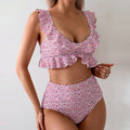 Damen Hochgeschnittener Bikini mit floralem Rüschendesign