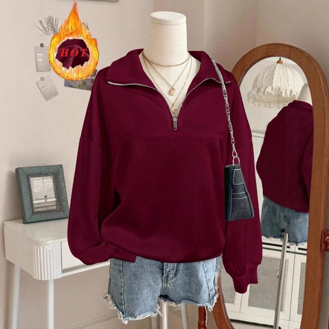 Damen nan Oversize Sweatshirt mit halbem Reißverschluss, Stehkragen und Ballonärmeln Shop Nory