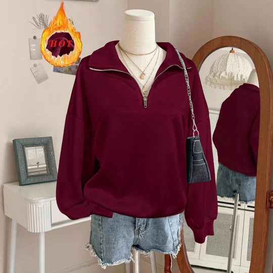 Damen nan Oversize Sweatshirt mit halbem Reißverschluss, Stehkragen und Ballonärmeln Shop Nory