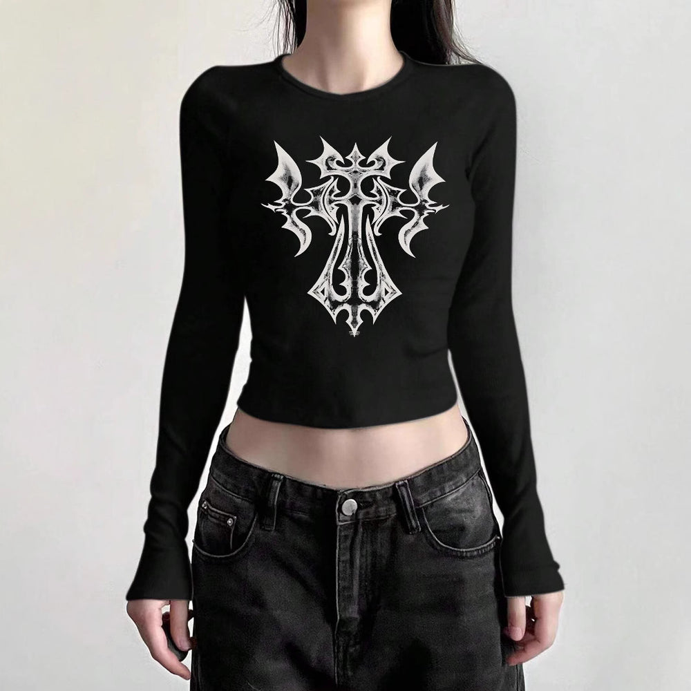 Damen nan figurbetontes langärmeliges Cropped-Shirt mit fotorealistischer Lippen-Collage und schmaler Passform Shop Nory