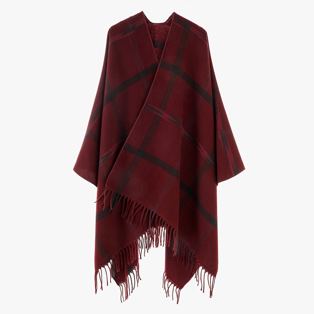 Damen Wollmix‑Überwurfponcho mit großem Karomuster und Fransensaum Shop Nory