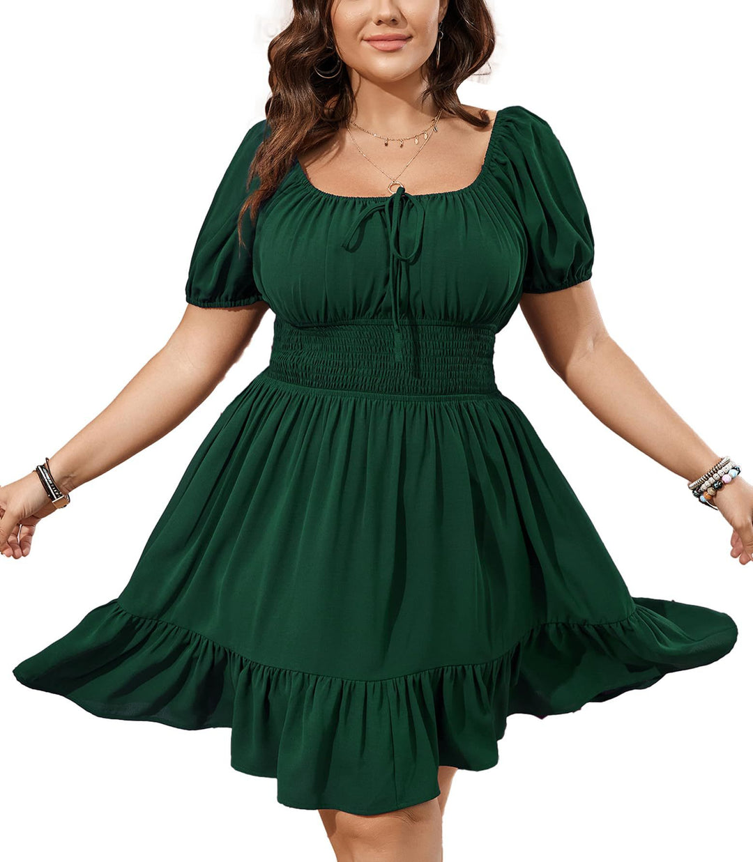 Damen Midikleid mit Smok-Taillenband und Puffärmeln Shop Nory