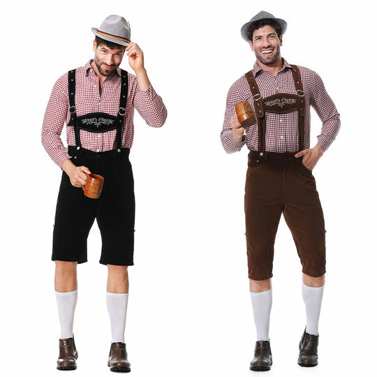 Herren nan kurze Trachtenlederhose in Veloursleder-Optik mit besticktem Brustlatz und verstellbaren Trägern Shop Nory