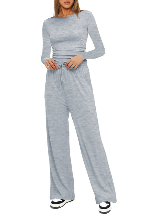 Damen Figurbetontes Longsleeve mit seitlicher Raffung und High-Waist Palazzo-Jogginghose Set Shop Nory