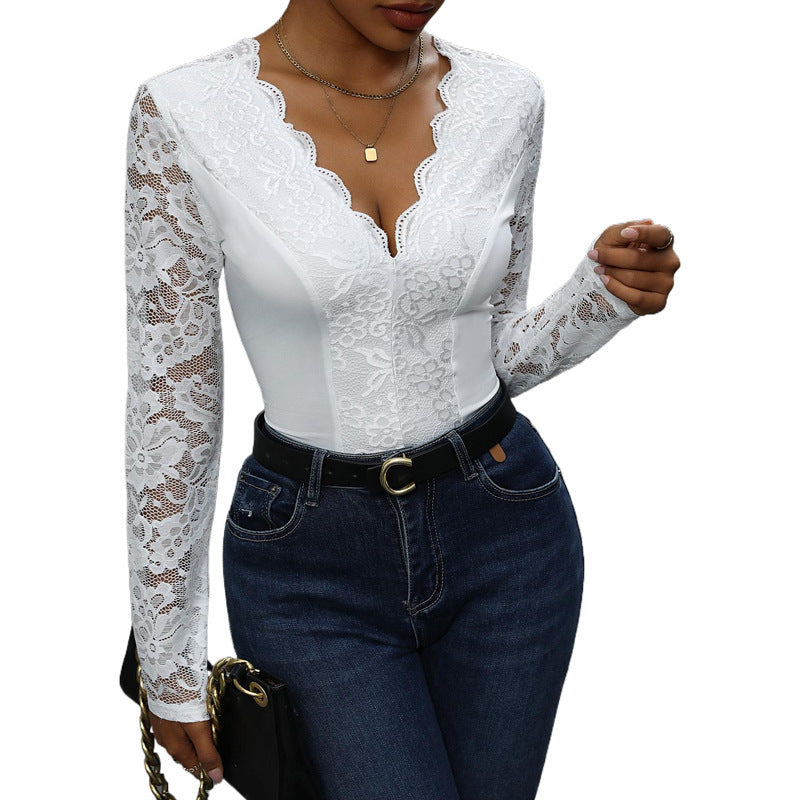 Damen Eleganter Spitzen-Bodysuit mit tiefem V-Ausschnitt Shop Nory