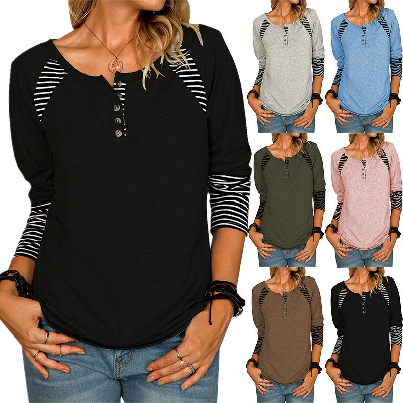 Damen Lässiges Raglan-Henley-Shirt mit Knopfleiste und gestreiften Ärmelbündchen Shop Nory