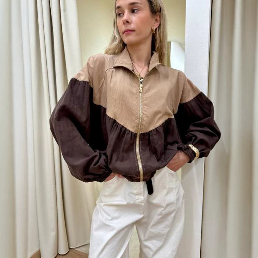 Damen Kurz geschnittene mehrfarbige Bomberjacke mit Tunnelzug, Raglanärmeln und Reißverschluss Shop Nory