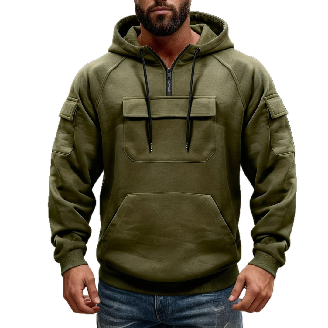 Herren funktionaler Kapuzenpullover mit halbem Frontreißverschluss, aufgesetzter Fronttasche mit Klappe und Kängurutasche Shop Nory