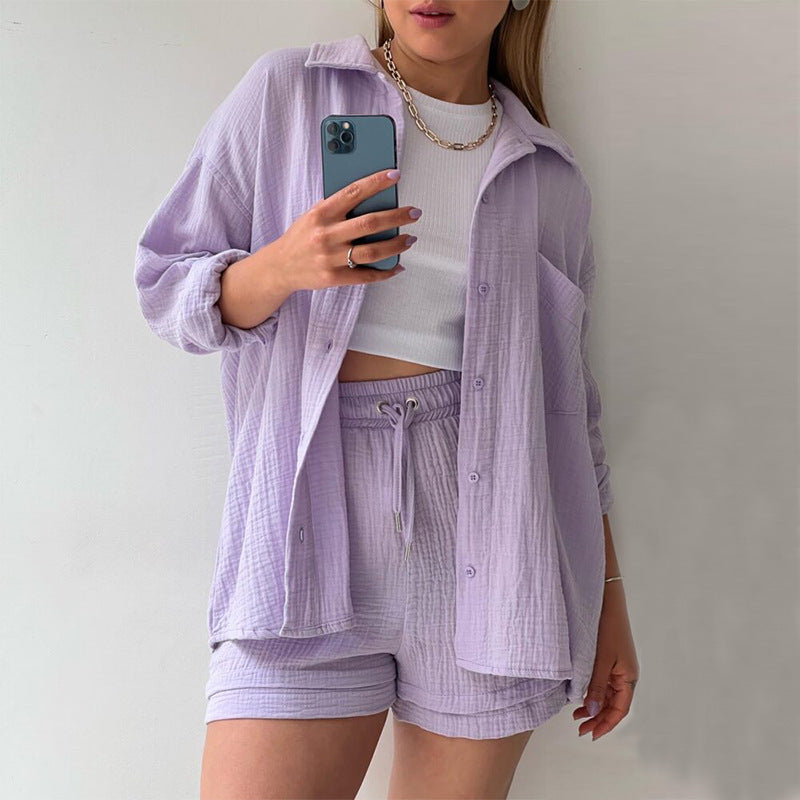 Damen Dreiteiliges Leinenoptik-Lounge-Set mit offenem Hemd, Crop-Top und hoher Taillen-Shorts Shop Nory