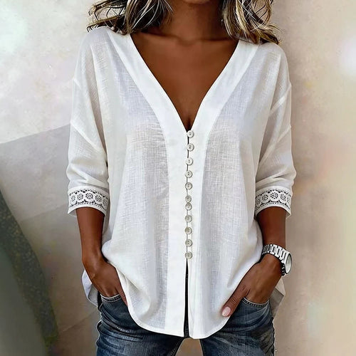 Damen Leichte V-Ausschnitt-Bluse mit Zierknopfleiste und Häkelspitzenärmeln Shop Nory