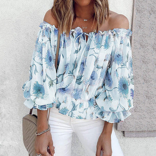Damen Off-Shoulder Bluse mit floralen Mustern und Rüschendetails