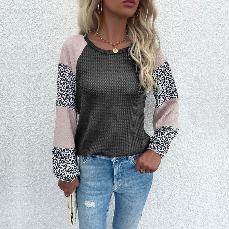 Damen Lässiges Waffelstrick-Shirt mit Raglanärmeln, Colorblock und Leo‑Einsätzen Shop Nory