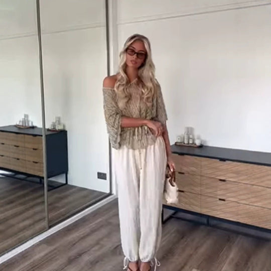 Damen Off-Shoulder Häkel-Strickbluse mit Tunnelzug und Volumenärmeln Shop Nory