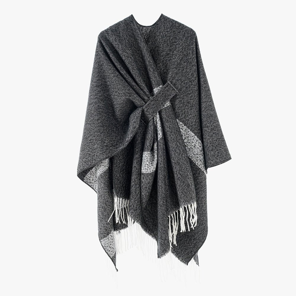 Damen Gewebter Wollmix-Ruana mit Diagonalstreifen und Fransen Shop Nory