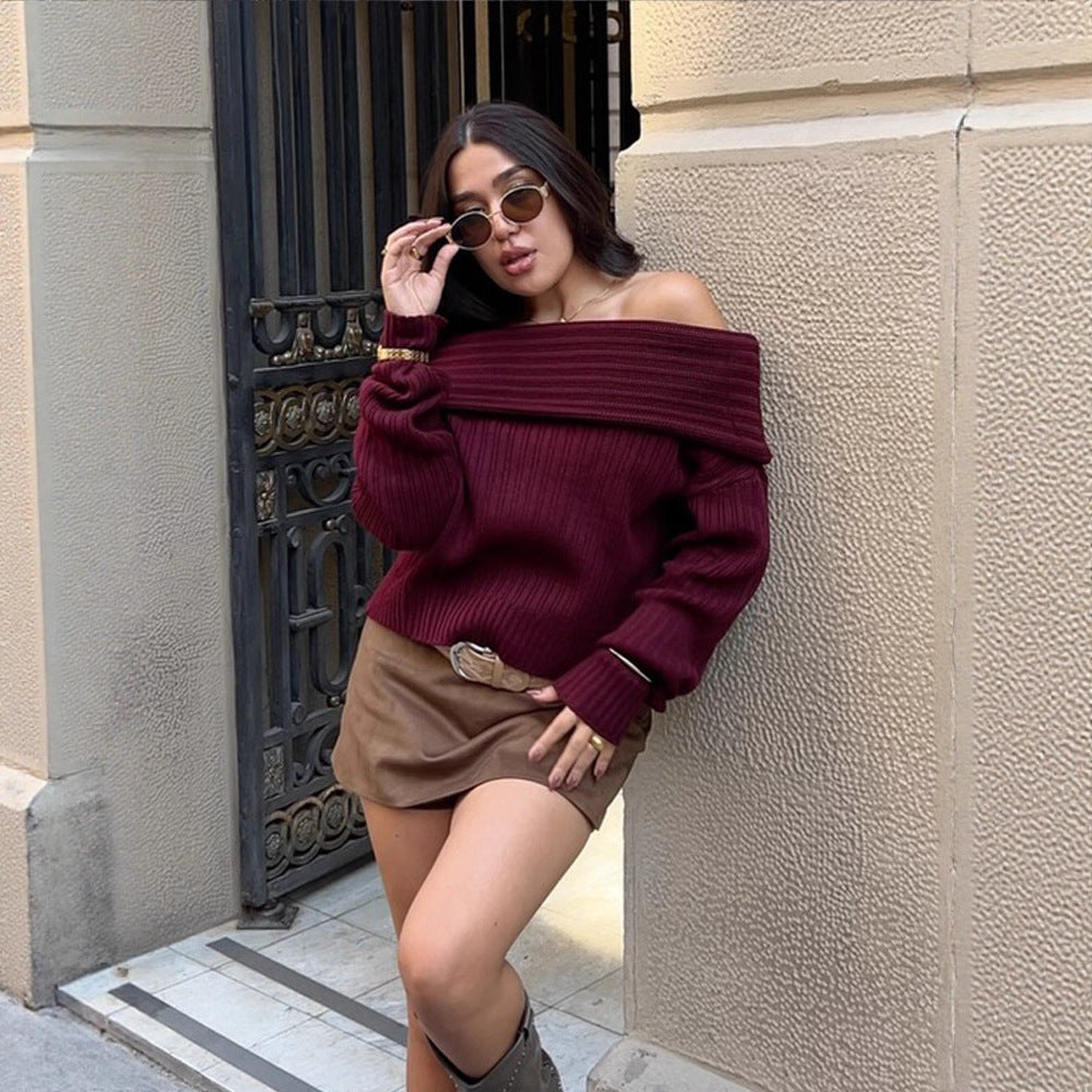 Damen Off-Shoulder Rippstrickpullover mit weitem Umschlagkragen Shop Nory