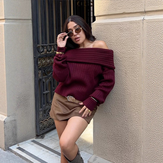 Damen Off-Shoulder Rippstrickpullover mit weitem Umschlagkragen Shop Nory
