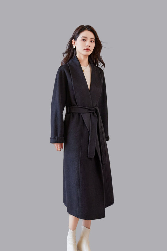 Damen Midilanger Wickelmantel mit Bindegürtel und Schalkragen Shop Nory