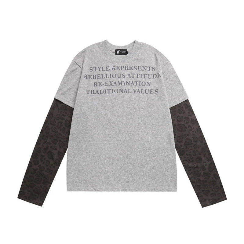 Damen Lagen-Langarmshirt mit Kontrastärmeln im Leo-Muster und Statement-Print Shop Nory