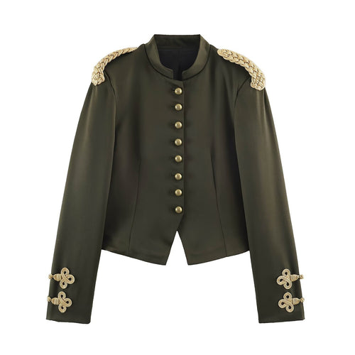 Damen Kurzer Militärblazer mit geflochtenen Epauletten und Zierknoten-Ärmeln Shop Nory